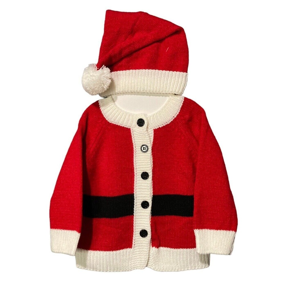 New Santa Sweater and Hat Baby Christmas Holiday Winter Cardigan Size 0-6 Months